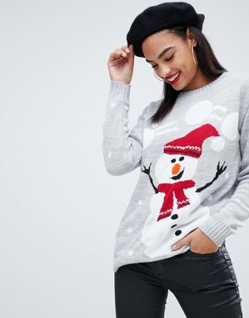 Club L Christmas Sweater With Snowman Intarsia Design - Gray