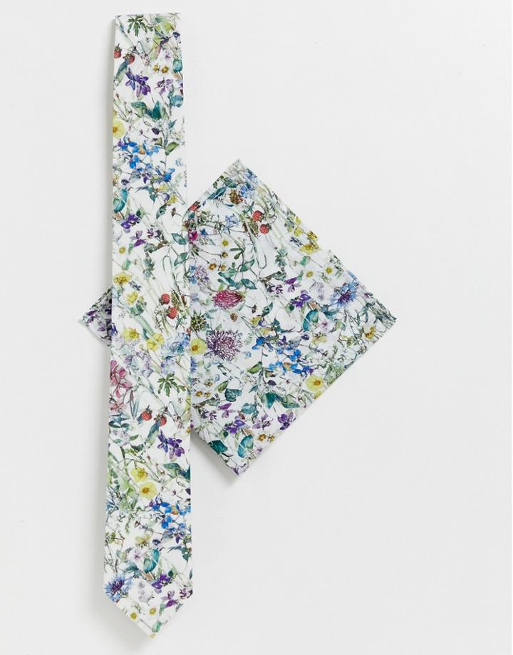 Gianni Feraud Liberty Print Wild Flowers Tie And Pocket Square - White