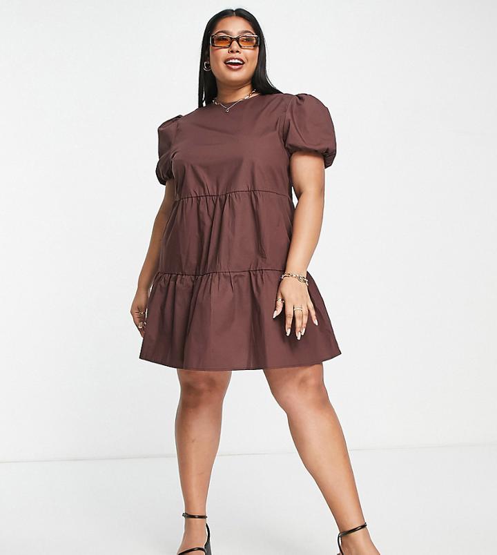Missguided Plus Tiered Smock Dress In Chocolate-brown