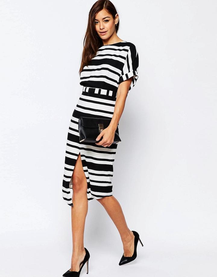 Asos Split Front Wiggle Dress In Graduated Stripe - Stripe
