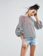 New Look Bubble Sleeve Gingham Top - Black