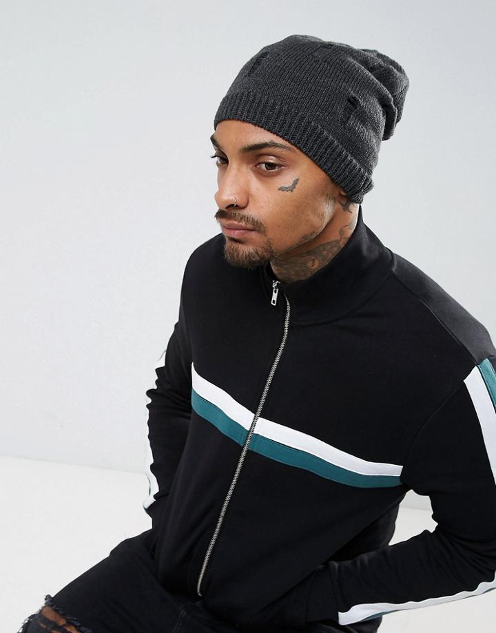 Asos Slouchy Beanie In Distressed Charcoal - Gray