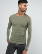 Asos Crew Neck Cotton Sweater In Muscle Fit - Green