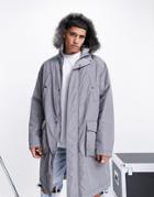 Asos Design Parka Jacket With Faux Fur Trim Hood In Gray-grey