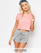 Kiss & Tell Cropped Tee With Rolled Sleeves And Peachy Glitter Print - Pink