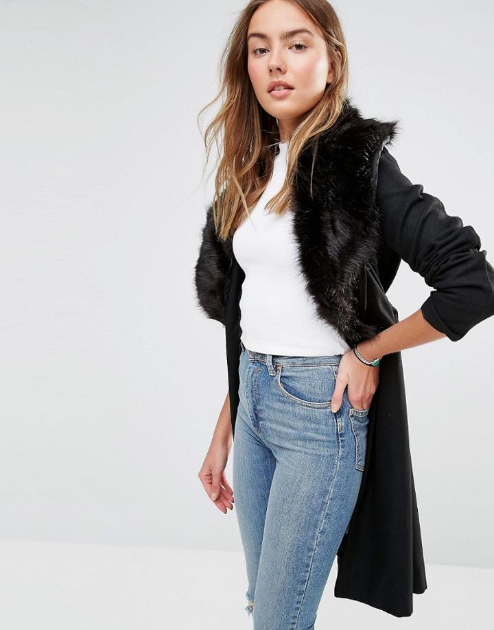 Brave Soul Wool Mix Longline Coat With Oversized Faux Fur Collar - Black