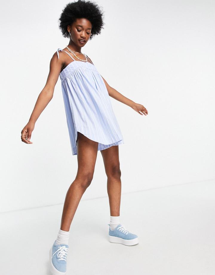 Asos Design Tie Shoulder Seersucker Swing Romper In Blue White Stripe-multi