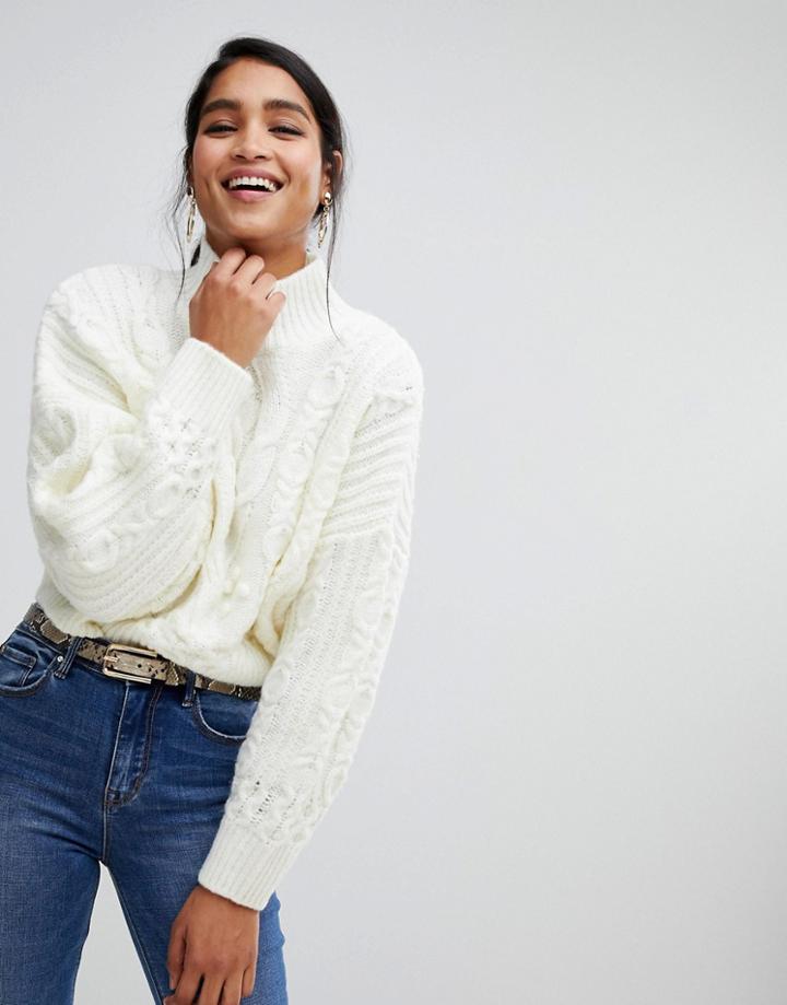 Asos Design Crop Cable Sweater With Volume Sleeve-cream