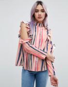 Asos Cold Shoulder Top With Ruffle In Blurred Pastel Stripe - Multi