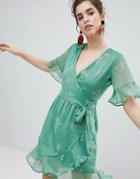 Neon Rose Wrap Flutter Dress In Romantic Floral - Green