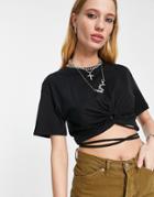 Bershka Wrap Around Basic Crop Tee In Black