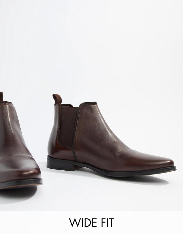 Asos Design Wide Fit Chelsea Boots In Brown Leather With Brown Sole