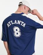 Asos Design Oversized Baseball T-shirt In Navy Pique Color Block With Atlanta City Print