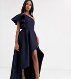 True Violet Frill One Shoulder High Low Prom Maxi Dress In Navy
