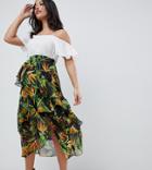 Asos Design Maternity Asymmetric Ruffle High Low Midi Skirt In Birds Of Paradise Print - Multi