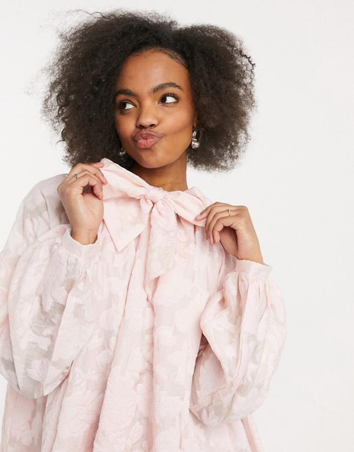 Sister Jane Midi Smock Dress With Pussybow In Rose Jacquard-pink