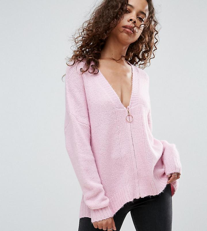 Asos Petite Oversized Cardigan With Zip Front - Pink