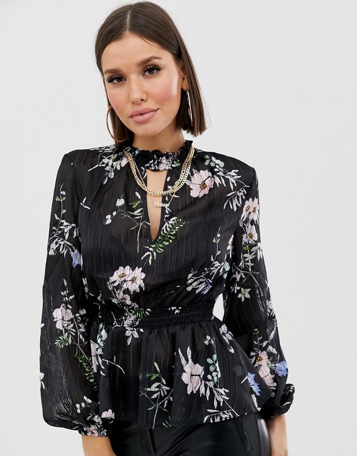 Lipsy Floral Choker Neck Blouse-black