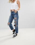 Asos Recycled Florence Authentic Straight Leg Jeans In Sasha Dark Stonewash With Deconstructed Waistband - Blue