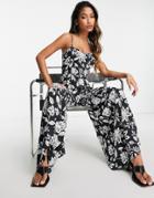 Topshop Casual Large Floral Square Neck Jumpsuit In Mono-multi