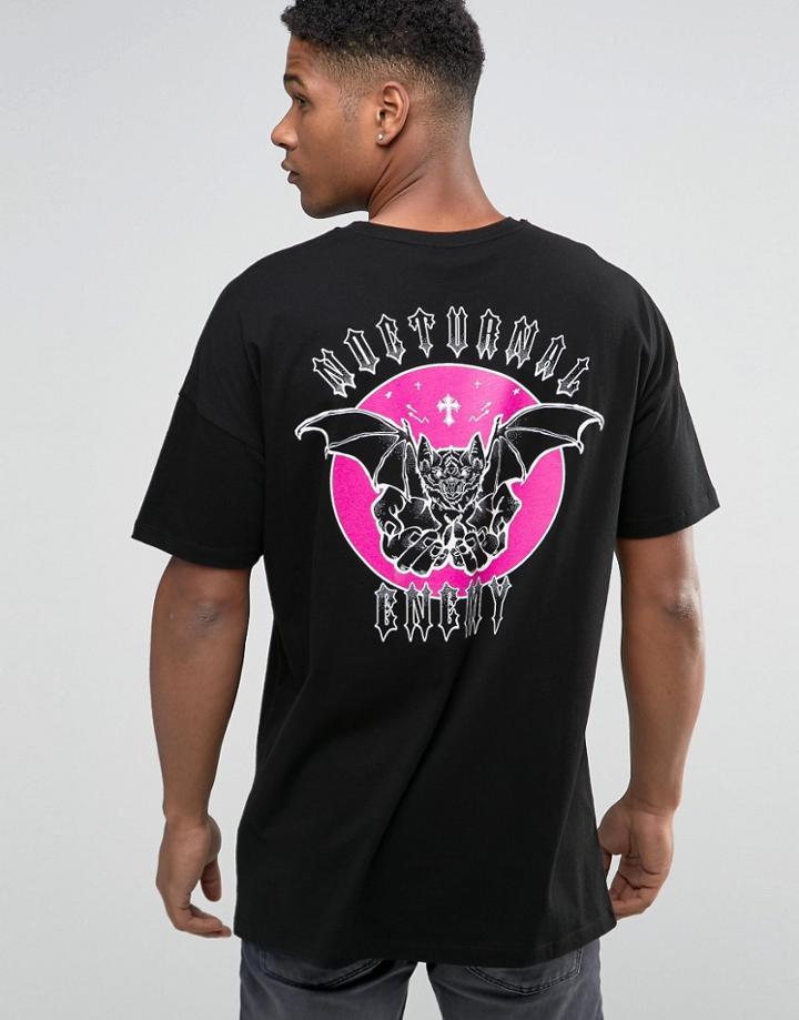 Asos Oversized Longline T-shirt With Bat Chest And Back Print - Black