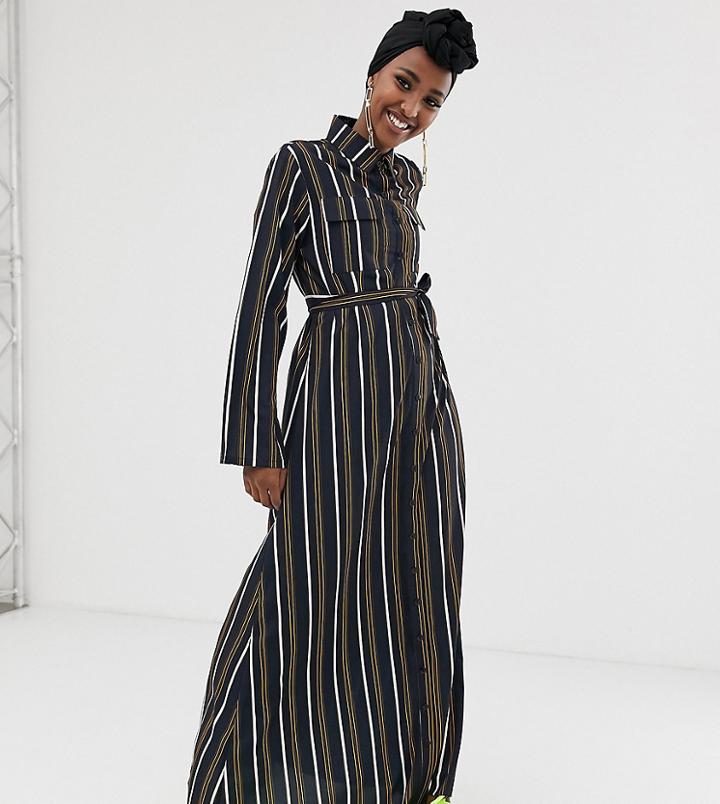Verona Long Sleeved Woven Shirt Dress With Tie Detail In Multi Stripe - Multi