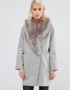 Asos Wool Blend Coat With Asymmetric Detachable Fur Collar - Gray
