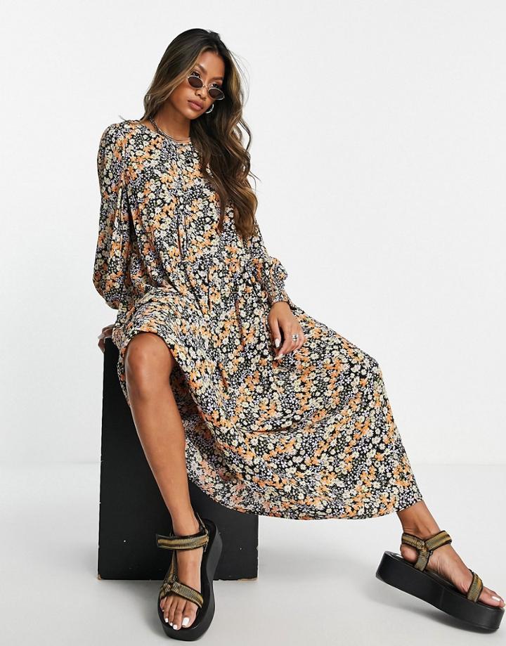 Vila Long Sleeve Maxi Smock Dress In Black Print