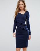 City Goddess Long Sleeve Pencil Dress With Ruched Side - Navy