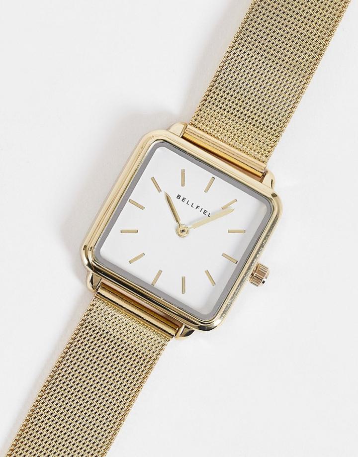 Bellfield Stainless Steel Mesh Watch With Square Dial In Gold