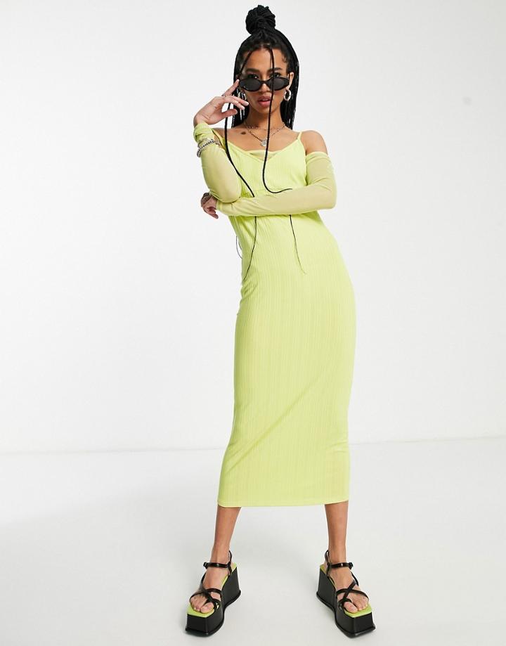 Topshop Mesh Rib Off The Shoulder Cut Out Dress In Lime-green