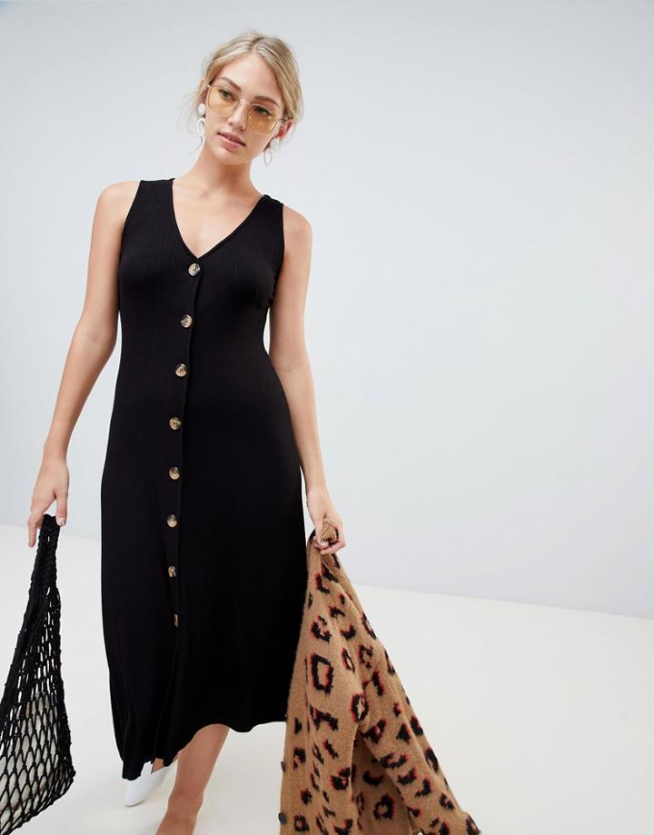 Stradivarius Button Up Ribbed Jersey Midi Dress - Black