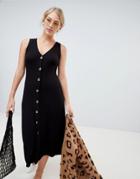 Stradivarius Button Up Ribbed Jersey Midi Dress - Black