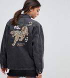 Chorus Tall Tiger Embroidery Oversized Denim Jacket - Black