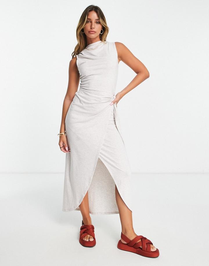 Asos Design Sleeveless Sarong Wrap Midi Dress With High Neck In Oatmeal-neutral
