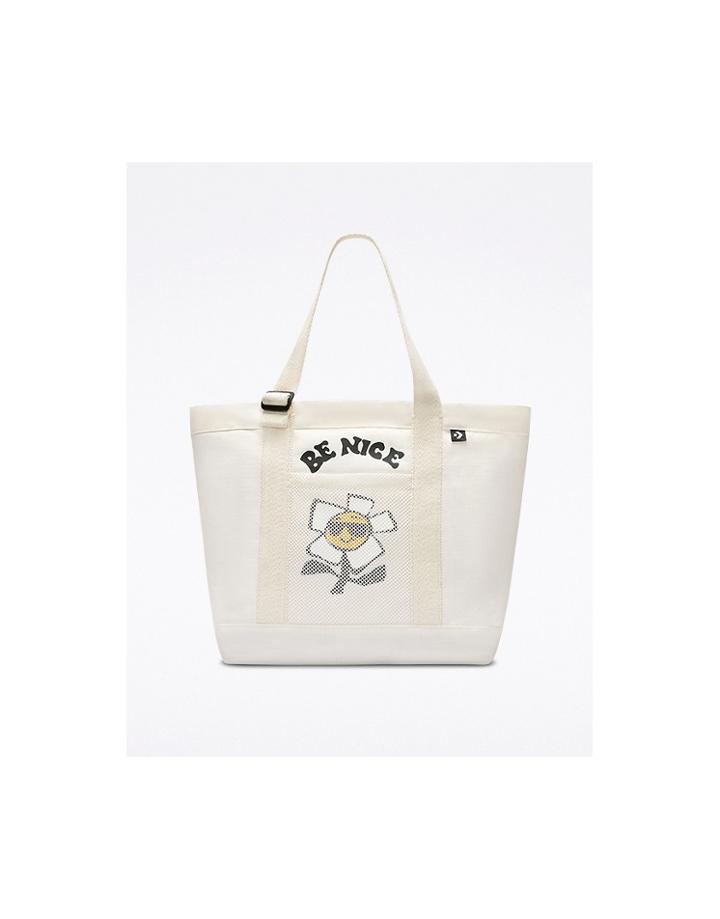 Converse Be Nice Graphic Canvas Tote Bag In Off-white