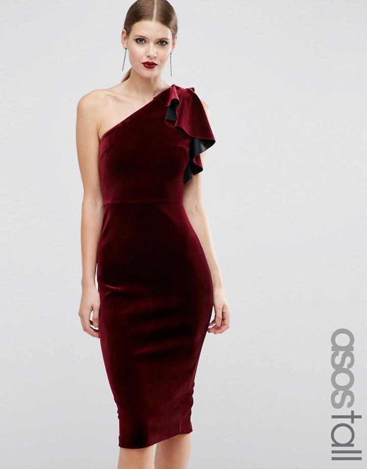 Asos Tall Premium Velvet One Shoulder Ruffle Midi Dress - Black