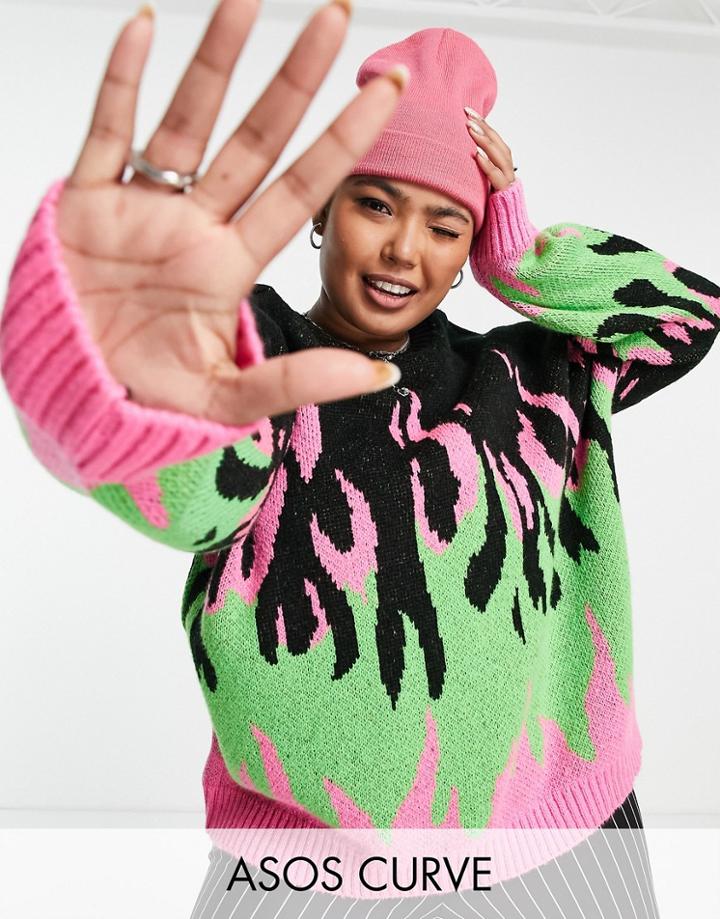 Asos Design Curve Sweater With Flame Pattern-black