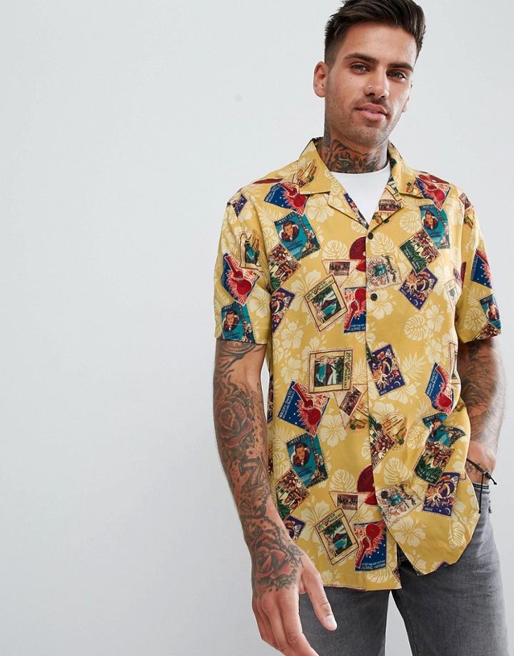 Asos Design Oversized Postcard Print Shirt With Revere Collar In Viscose - Yellow