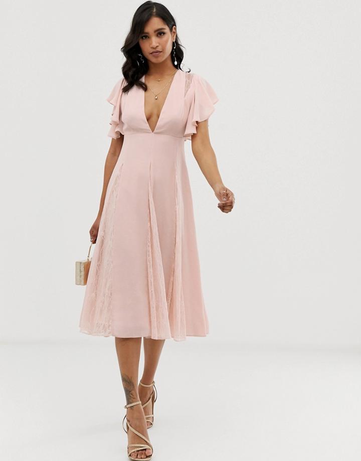 Asos Design Midi Dress With Lace Godet Panels - Pink