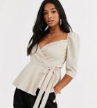Outrageous Fortune Petite Wrap Front Puff Sleeve Top In Cream