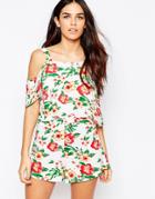Ax Paris Cold Shoulder Crop Top In Tropical Print - Cream