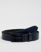 Asos Design Smart Slim Leather Belt In Navy With Rainbow Edge Stitch - Navy