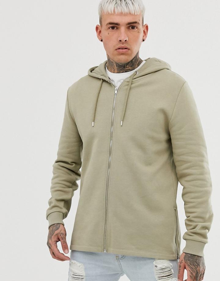Asos Design Zip Up Hoodie With Side Zips In Khaki - Green