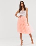 Little Mistress Tulle Midi Prom Skirt In Coral - Orange