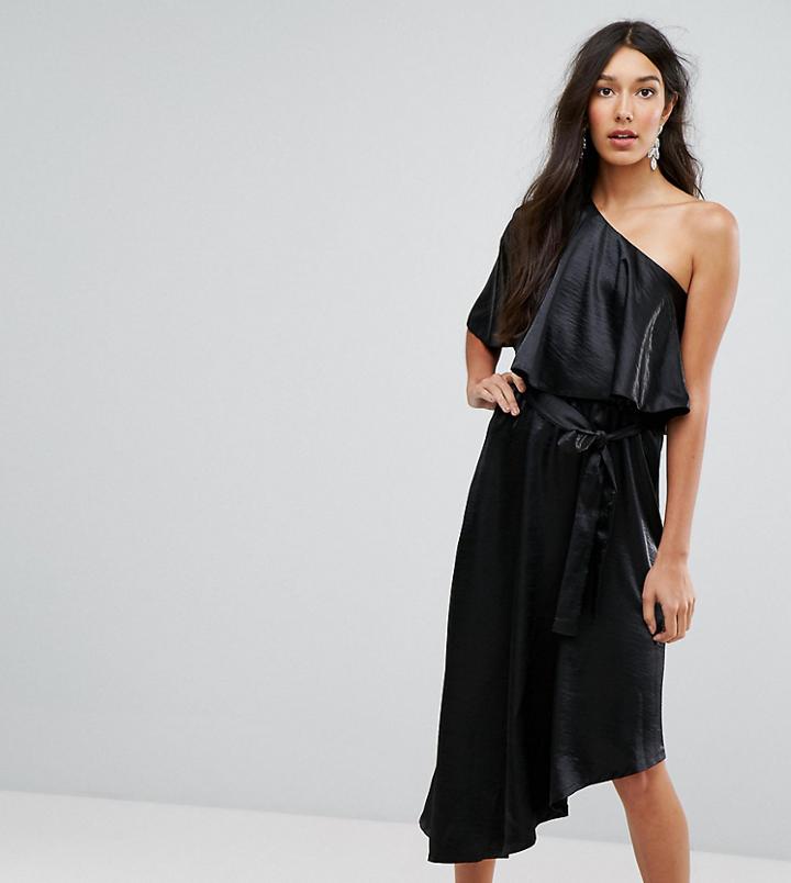 John Zack Tall Ruffle One Shoulder Midi Dress - Beige