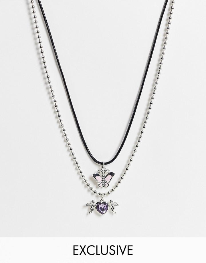 Reclaimed Vintage Inspired Unisex Multirow Necklace With Butterfly Charm In Silver