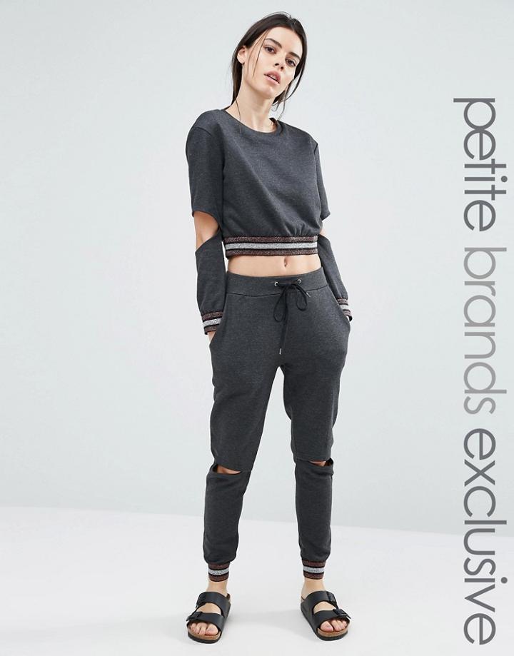 One Day Petite Metallic Ribbed Track Pant With Cutout Knee - Multi