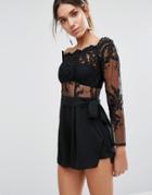 Love Triangle Sheer Lace Romper With Waist Tie - Black