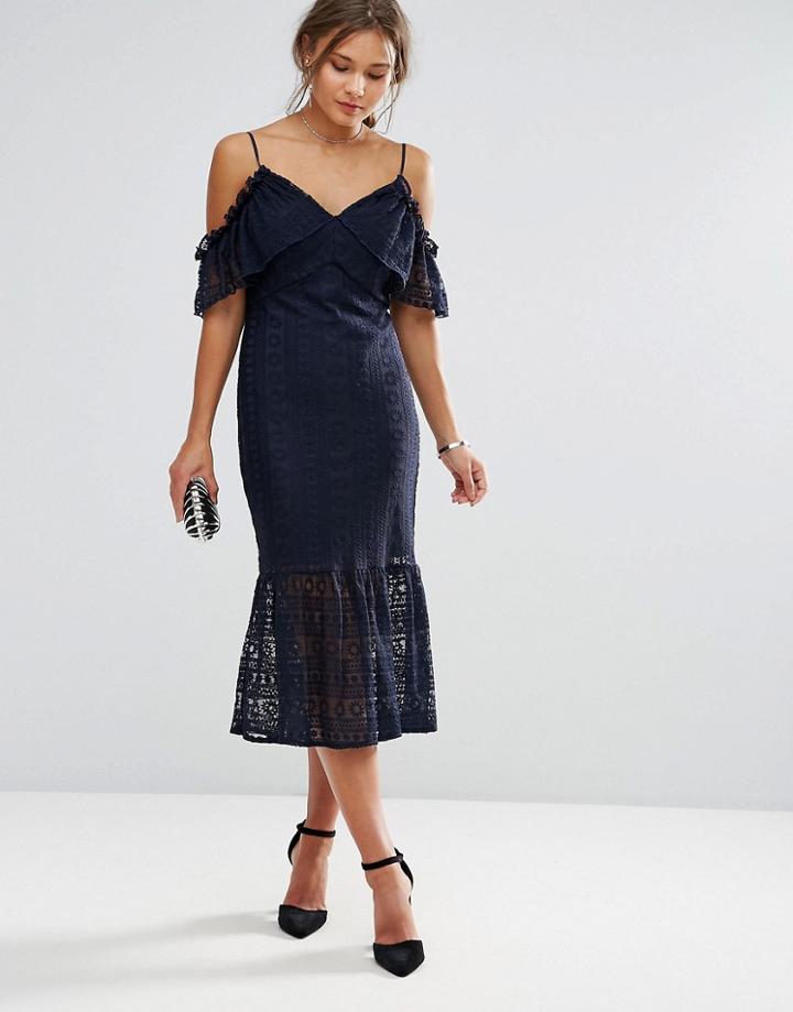 Liquorish Cold Shoulder Lace Midi Dress - Navy